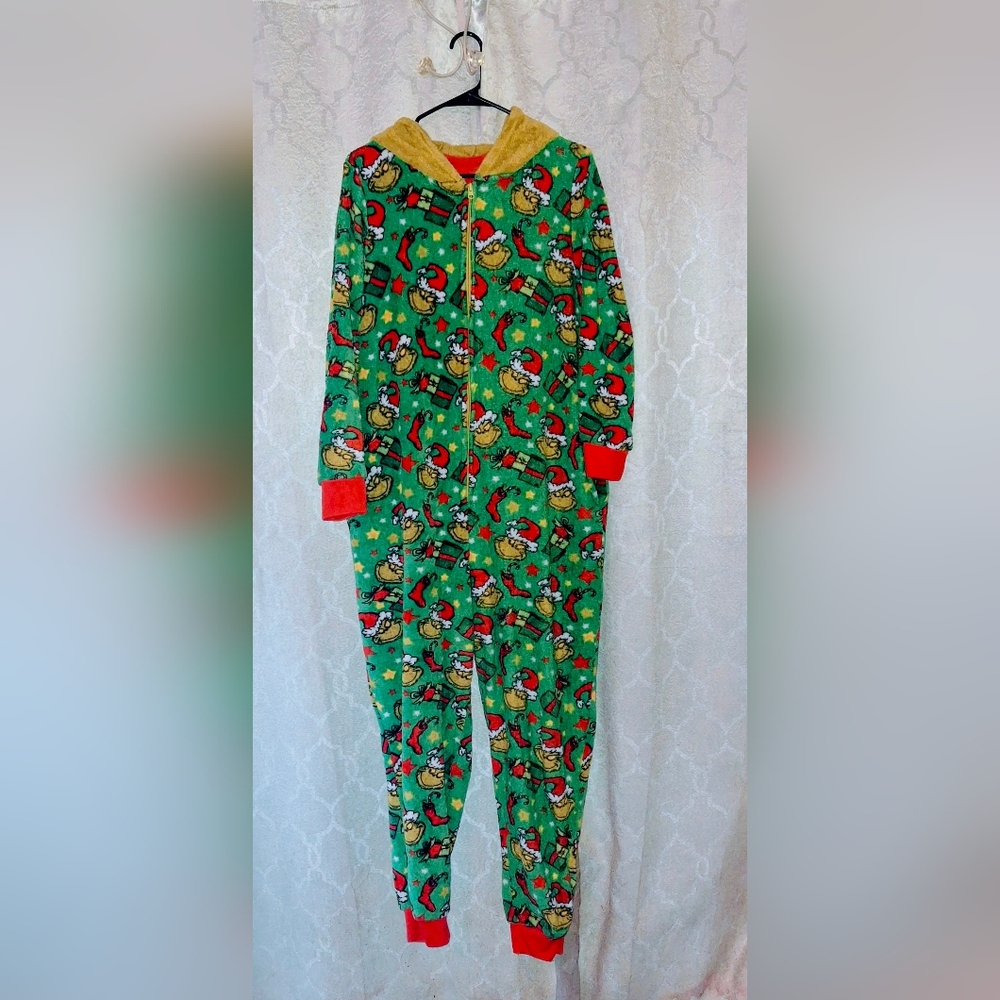 Dr Suess The Grinch One Piece Hooded Pajamas Sz Large